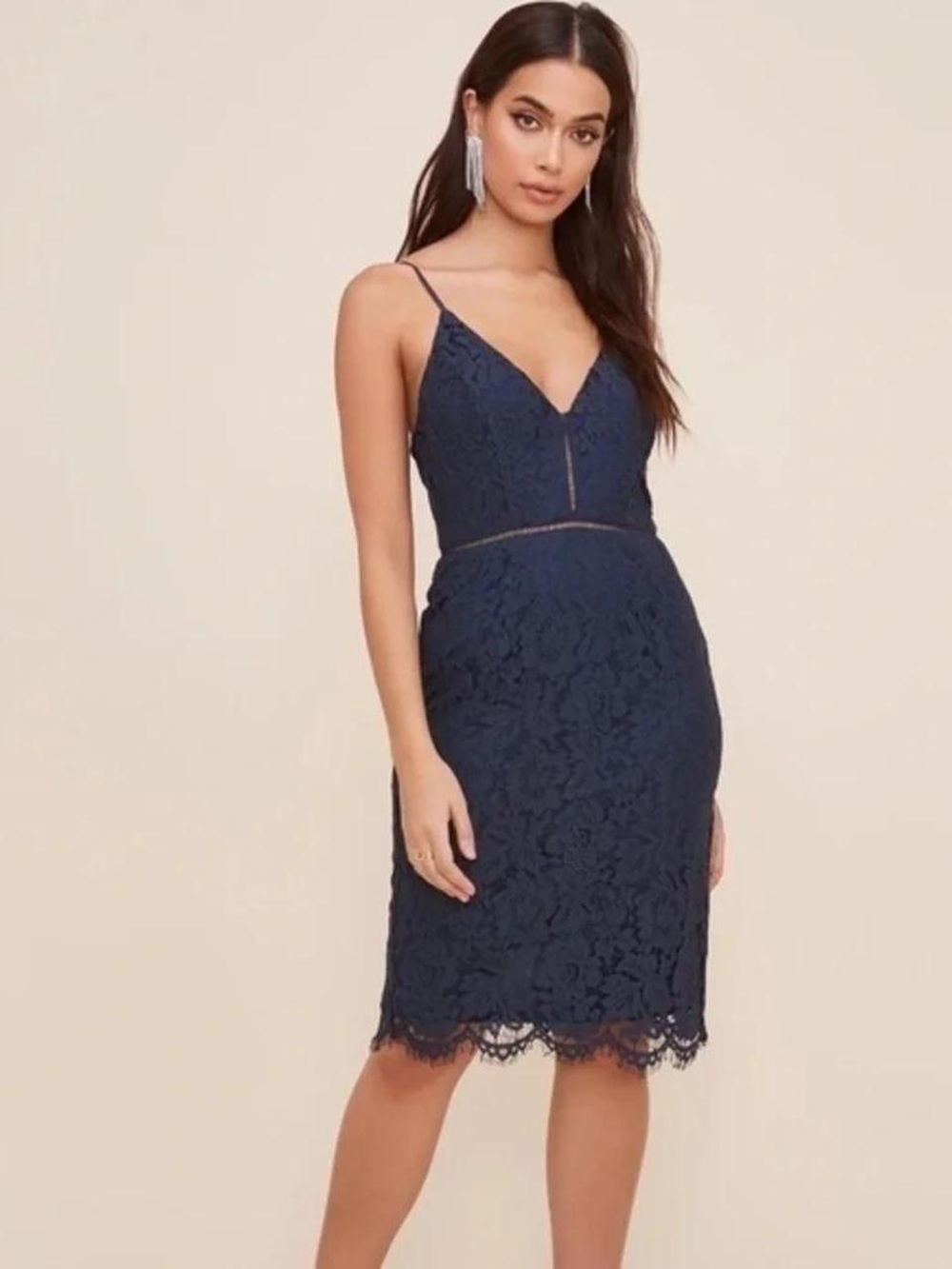 ASTR The Label Navy Lattice Inset Lace Sheath Dress, size M